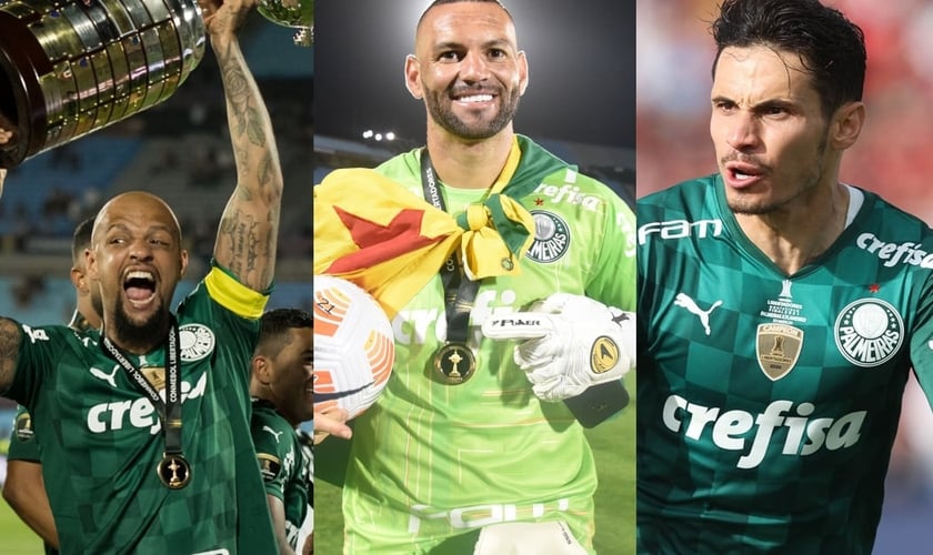 Jogadores Felipe Melo, Weverton e Raphael Veiga. (Foto: Instagram/Cesar Greco/SE Palmeiras/CONMEBOL Libertadores)