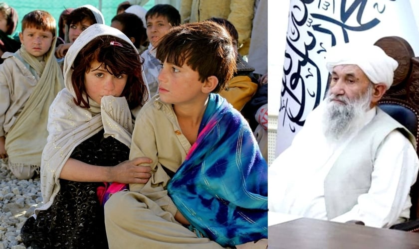 Foto/Montagem: Crianças afegãs à esquerda e primeiro-ministro do Talibã, Mohammad Hassan Akhund, à direita. (Fotos: Pxhere e Commons Wikimedia)