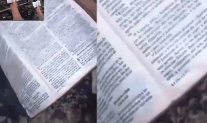 A cristã Franciléia de Melo encontrou sua Bíblia em meio aos escombros de sua casa. (Foto: Reprodução).