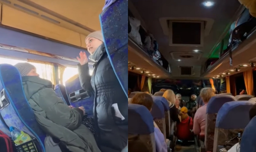 O Evangelho tem sido pregado nos ônibus que levam refugiados para fora da Ucrânia. (Foto: YouTube/Intercessors for America).