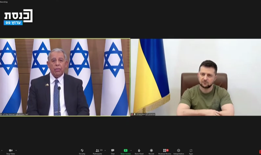 O presidente ucraniano Volodymyr Zelensky fala de Kiev, na Ucrânia, aos legisladores do Knesset em 20 de março de 2022. (Foto: Captura de tela/YouTube)