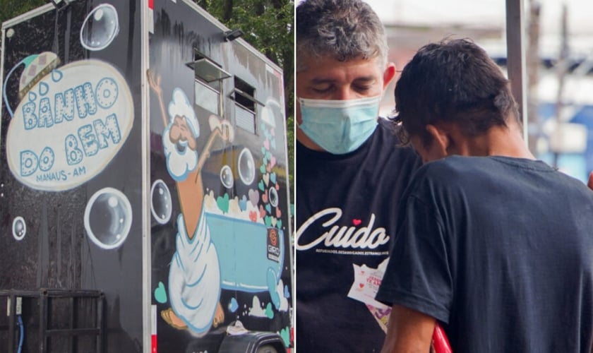 A cabine “Banho do Bem” ofereceu banho gratuito no centro de Manaus. (Foto: Divulgação).