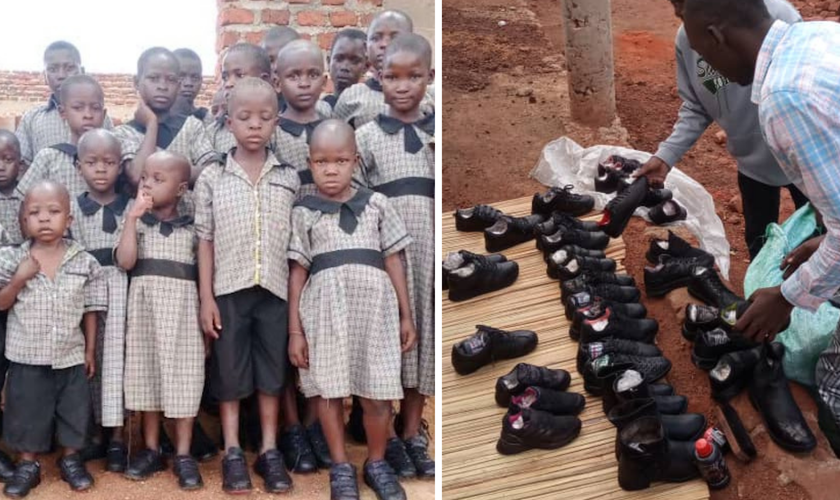 Crianças do Projeto “Light of Hope” recebem calçados e uniformes para irem à escola. (Foto: Pastor Okecho Simon Peter)
