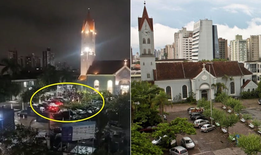 Manifestantes no complexo da Igreja da Paz e Faculdade IELUSC. (Foto: Reprodução/Redes Sociais)