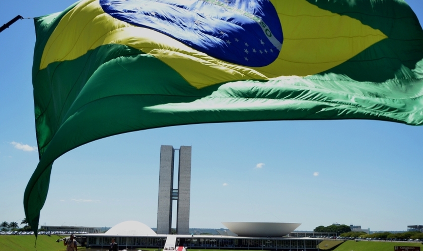 Bandeira hasteada no gramado do Congresso Nacional. (Foto: Marcello Casal Jr./Agência Brasil)