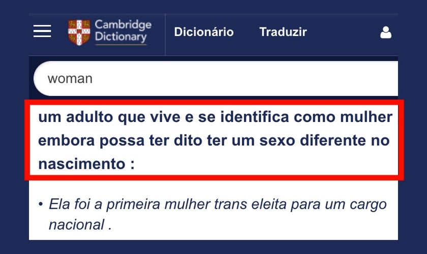 Definição de mulher no Dicionário Cambridge. (Foto: Captura de tela/dictionary.cambridge.org)