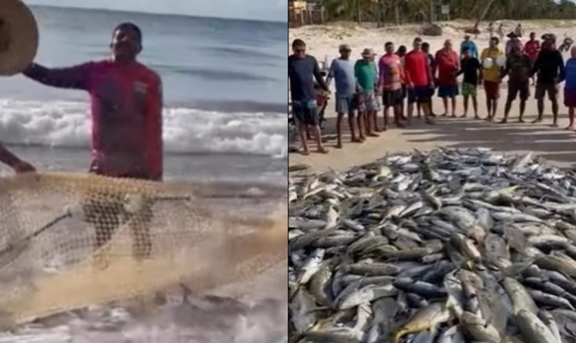 Após as redes transbordarem de peixes, pescadores e moradores oraram na praia. (Foto: Reprodução/Instagram/Metrópolis/Reprodução/GazetaWeb).