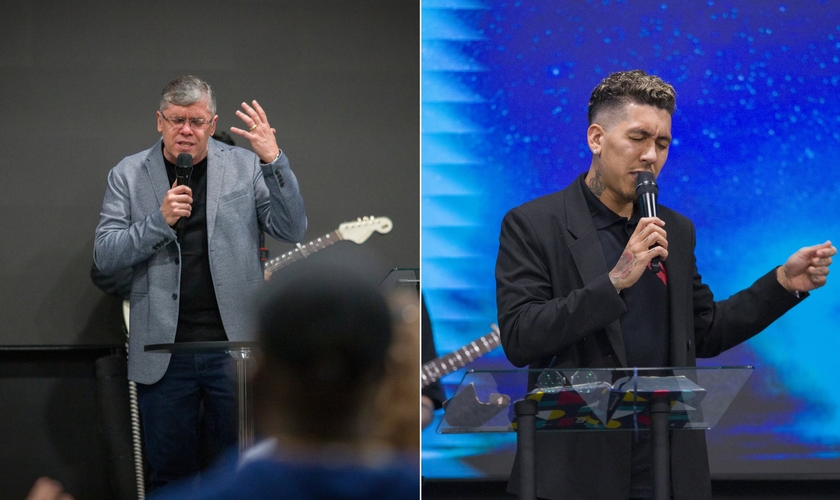 Pastor Jairo Fernandes e jogador Roberto Firmino ministrando na igreja. (Foto: Divulgação/Manah Church)