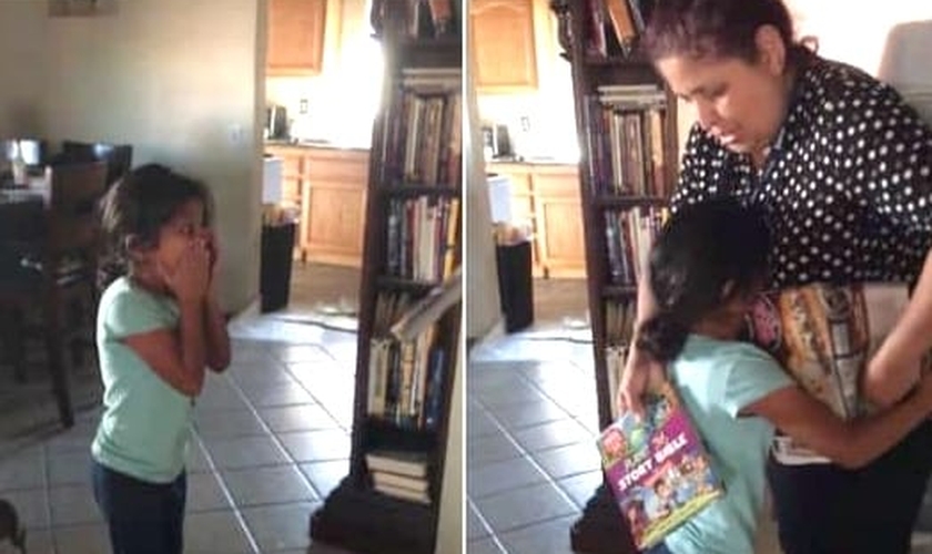 A menina Baylor chorou de alegria ao ganhar sua própria Bíblia. (Foto: Reprodução/YouTube/Suzanne Aguilar).