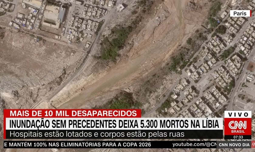 Líbia após a passagem do fenômeno ‘Daniel’. (Foto: Captura de tela/YouTube CNN Brasil)