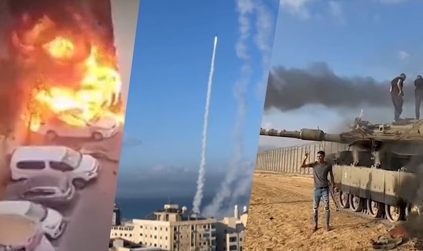 Israel sofre ataque surpresa que resulta em mais de 40 mortes e centenas de feridos. (Captura de tela/YouTube/Telegraph/Guardian)