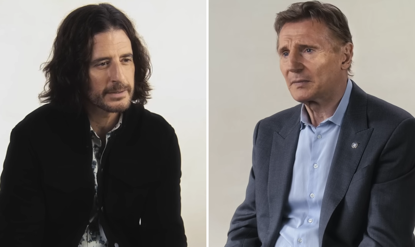 Os atores Jonathan Roumie e Liam Neeson. (Captura de tela/YouTube/Hallow)