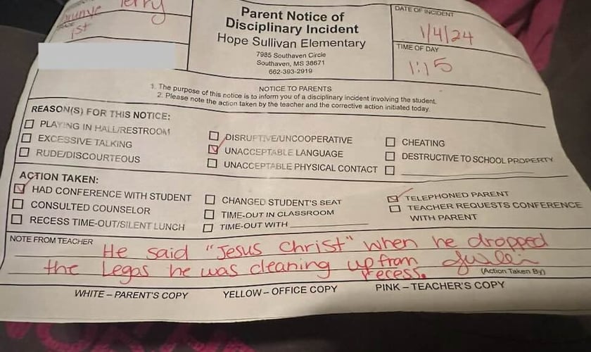 Parte do relatório da Escola Primária Hope Sullivan, intitulado “Aviso aos Pais sobre Incidente Disciplinar”. (Foto: Facebook/Shonna Coleman)