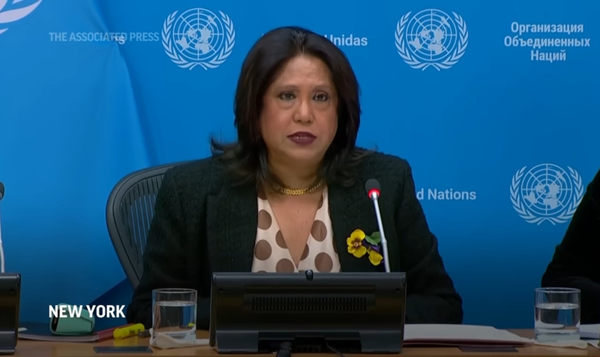 Pramila Patten, observadora da ONU, em coletiva sobre o relatório. (Captura de tela/YouTube/AP)