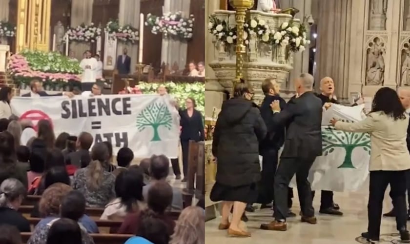 Três ativistas entraram na igreja, gritando “Palestina livre!”. (Foto: Reprodução/The News York Post).