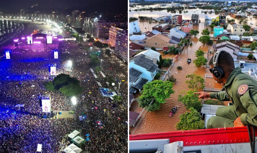 Imagens de Copacabana em show da Madonna [à esq.]; Imagens da enchente no RS [à dir.]. (Fotos: Fabio Motta/Prefeitura do Rio / Lauro Alves/Instagram/governo_rs). 