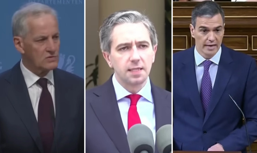 Jonas Gahr Store, primeiro-ministro da Noruega; Simon Harris, primeiro-ministro da Irlanda; Pedro Sánchez, primeiro-ministro da Espanaha. (Captura de tela/YouTube/Guardian)