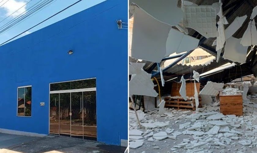 O telhado da igreja em Guaraí, Tocantins, desabou. (Foto: Reprodução/G1).