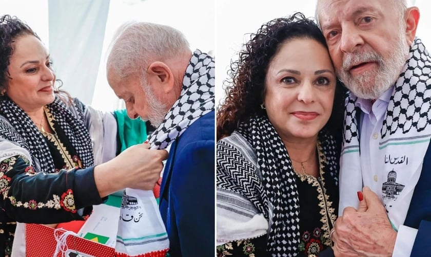 Lula e uma representante do Comitê Catarinense de Solidariedade ao Povo Palestino. (Foto: Instagram/comitepalestinasc).