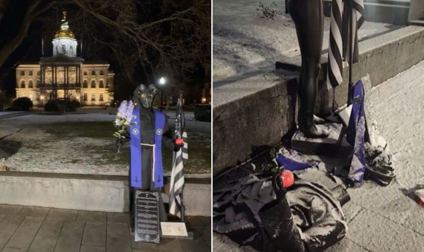 A estátua demoníaca foi destruída. (Foto: Facebook/The Satanic Temple/Captura de Tela/WMUR)