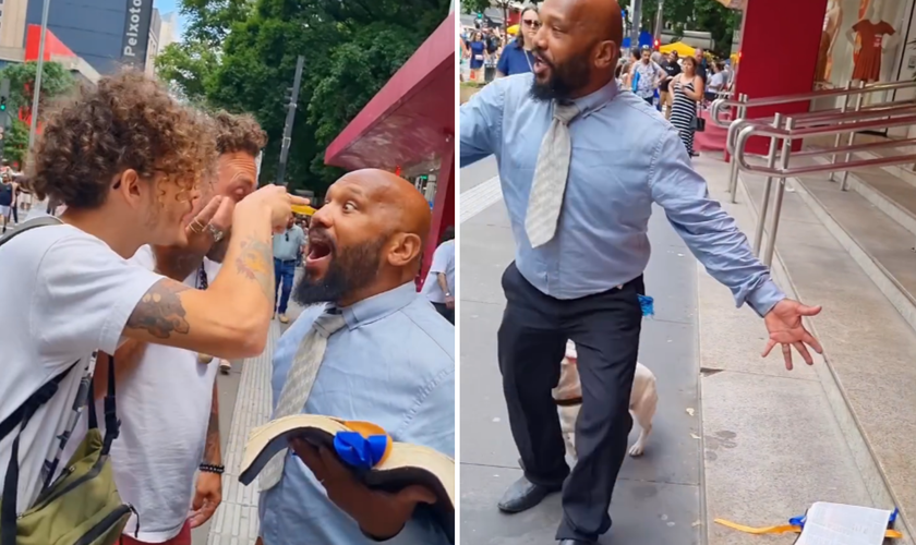 Pregador é hostilizado na Avenida Paulista e tem Bíblia jogada no chão. (Captura de tela/Instagram/irpretth)