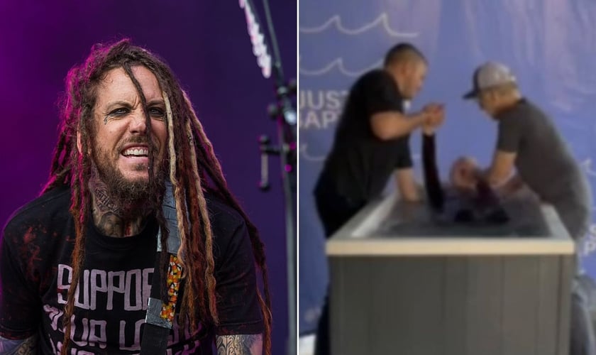 Brian Welch e o batismo da mãe. (Foto: Reprodução/Wikimedia Commons/Sven Mandel/Instagram/Brian Welch)