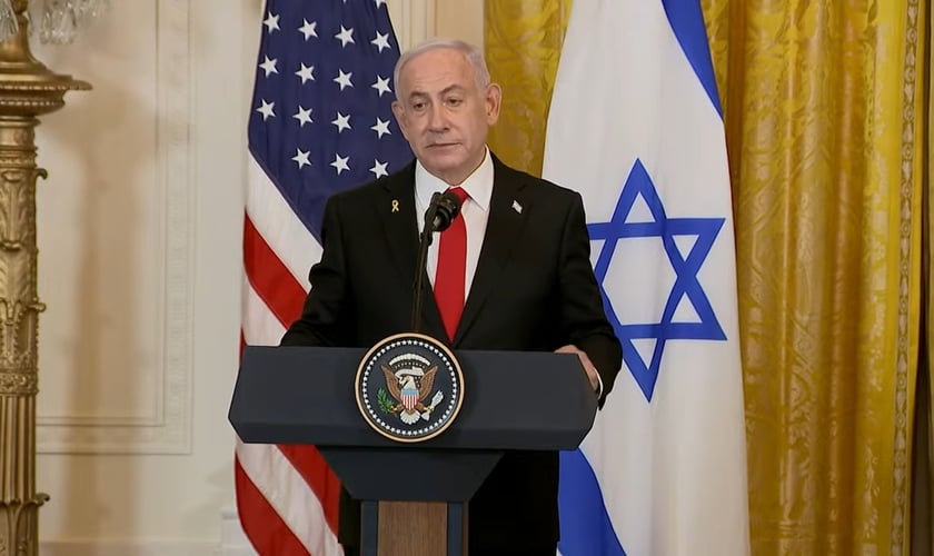 Benjamin Netanyahu, durante coletiva de imprensa na Casa Branca (Captura de tela/YouTube/Washington Post).