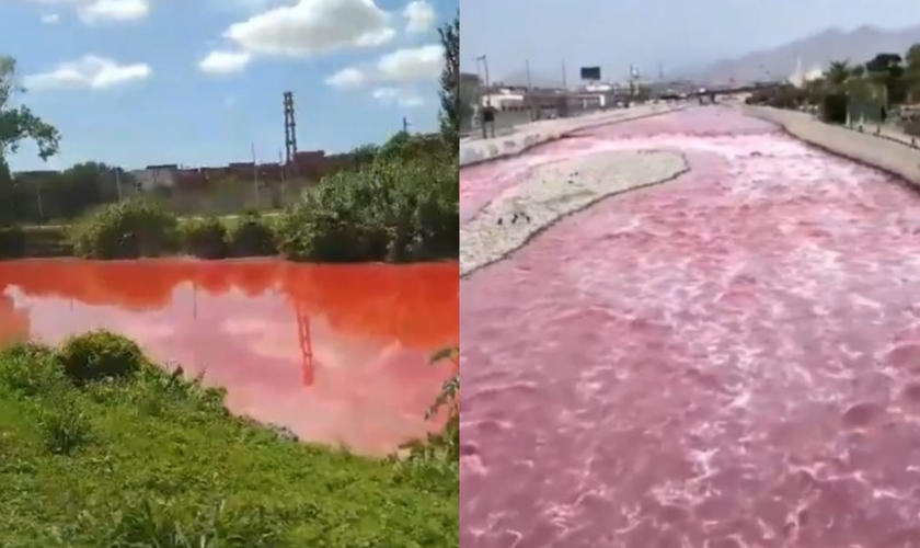 Os rios Sarandi e Rímac ficaram avermelhados na semana passada. (Foto: Reprodução/X/KL Vídeos/Reprodução/Instagram/Gabriel Ferrigno).