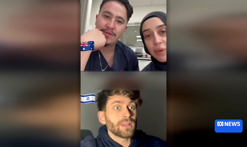 Ahmad Rashad Nadir e Sarah Abu Lebdeh [imagem superior] e o israelense Max Veifer, em vídeo onde os enfermeiros ameaçam pacientes judeus. (Captura de tela/YouTube/ABC News In-depth)