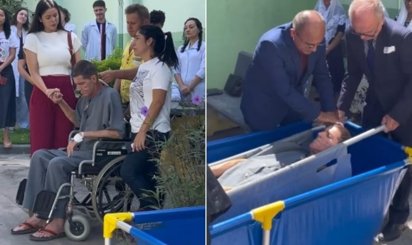 Leocir Tonetta foi batizado em uma piscina no pátio do hospital. (Foto: Reprodução/Instagram/Hospital Universitário Júlio Müller).