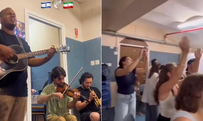 Cristãos louvam em abrigo antibombas em Tel Aviv. (Foto: Instagram/Emanuel Roro)