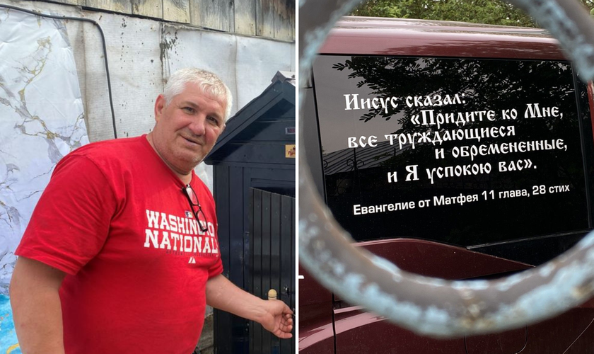 Vladimir e seu carro, coberto por versículos bíblicos, usados para evangelizar pelas ruas da Rússia. (Foto: William Immink)