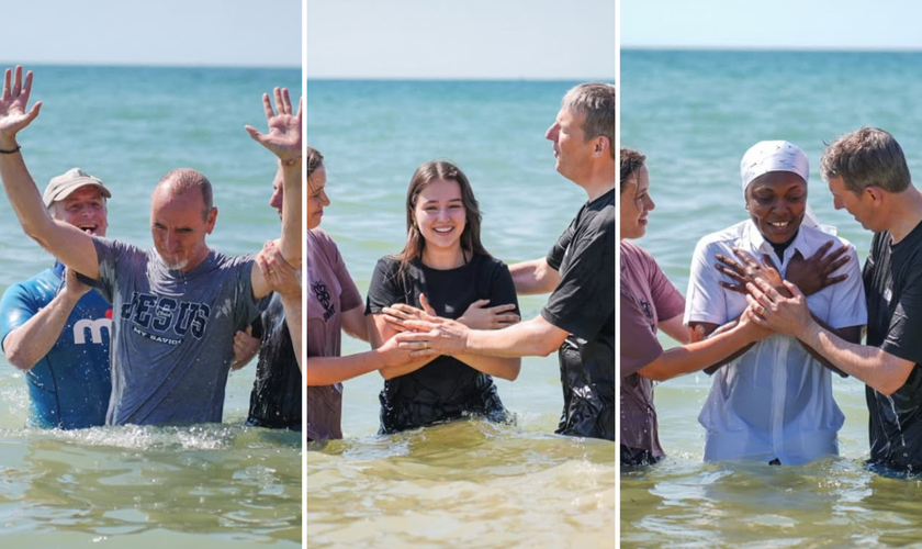Batismo coletivo aconteceu na Praia de Bournemouth, na Inglaterra. (Foto: lansdownechurch)