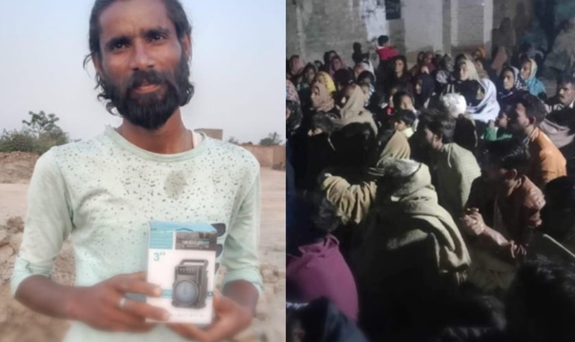Homem com uma Bíblia em áudio e grupo ouvindo a Bíblia em áudio no Paquistão. (Foto: God Reports).