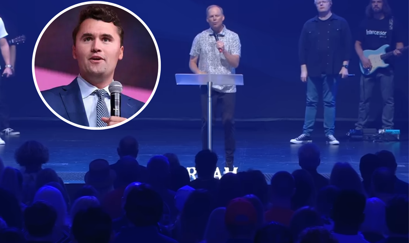 Pastor Luke Barnett, líder da Dream City Church, em culto em memória a Charlie Kirk, no destaque. (Captura de tela/YouTube/Dream City Church/Wikipedia)
