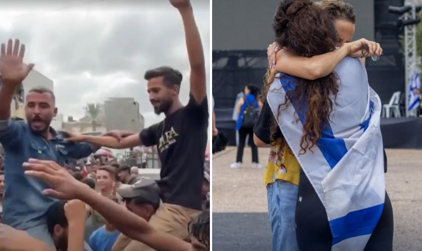 Palestinos [à esquerda] e israelenses [à direita] celebram acordo de paz nas ruas. (Captura de imagem/NBC/StandWithUs Brasil)