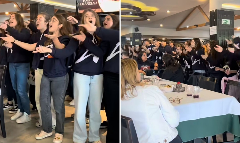 Os jovens cantando no restaurante. (Foto: Reprodução/Instagram/Instituto Adventista Cruzeiro do Sul)