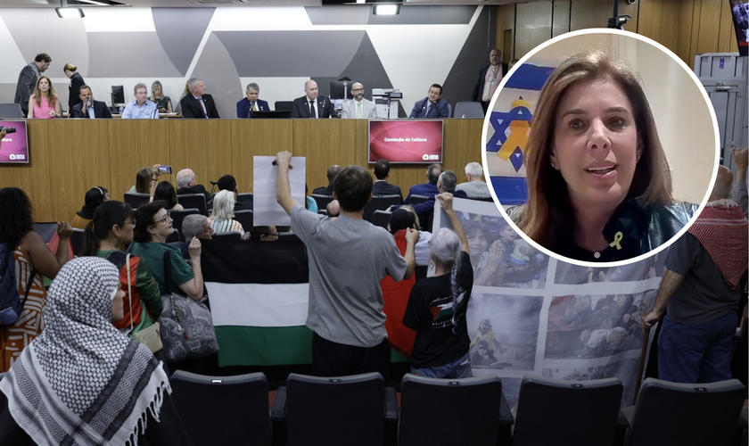 Ato de protesto na Assembleia de MG; no detalhe, Marcia Kelner Polisuk, liderança judaica da Hillel Internacional. (Foto: Guilherme Bergamini/ALMG / CONIB)