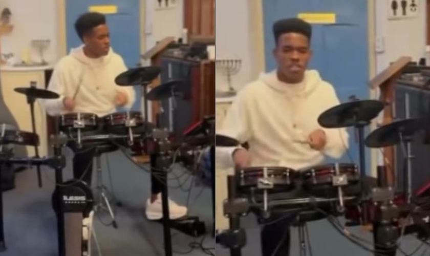 Estevão tocou bateria no culto em Londres. (Foto: Reprodução/Instagram/Ballers In God).