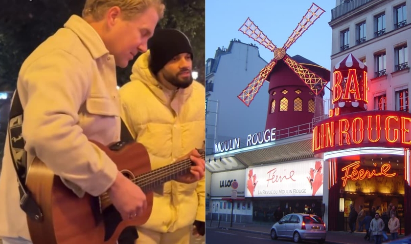 Allan Machado e sua equipe anunciaram Jesus diante do Moulin Rouge. (Foto: Reprodução/Instagram/Allan Machado/Wikimedia Commons/David Monniaux).