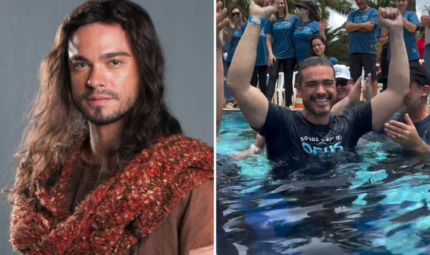 Sidney Sampaio interpretando Josué em Os Dez Mandamentos, na Record TV; e durante seu batismo nas águas. (Foto: Michel Angelo/Rede Record / Instagram @sidneysampaiooficial)