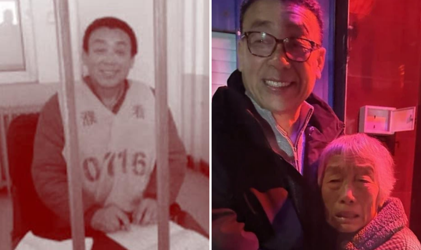 O pastor Zhang Shaojie cumprindo sua sentença de 12 anos de prisão na China; e após a libertação. (Fotos: China Aid/ Release International)