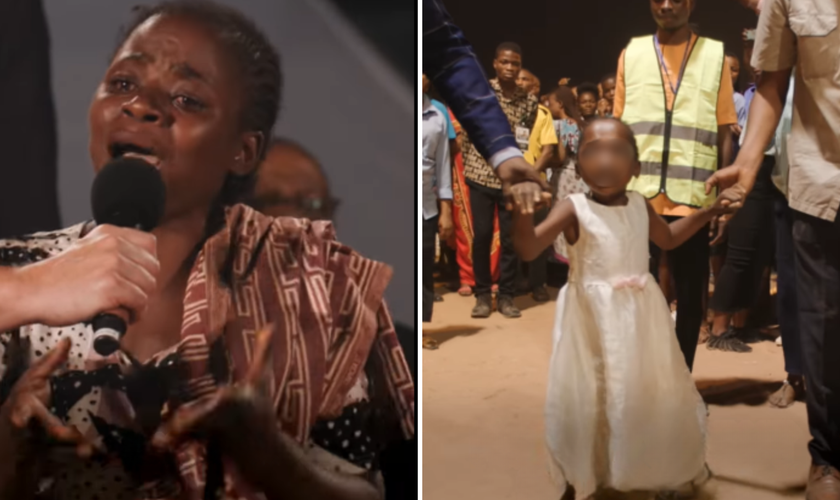 A mãe de Musawu testemunha o milagre na vida da filha, que passou a andar durante campanha evangelística. (Foto: Facebook/Evangelist Nathan Morris)