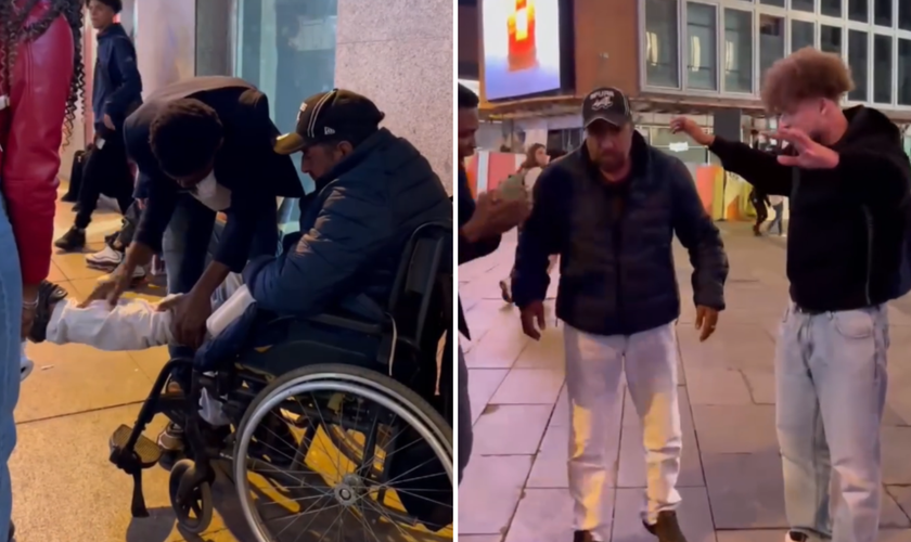 Homem recebe oração em evangelismo de rua e se levanta de cadeira de rodas. (Captura de tela/Instagram/ __i.am.precious)