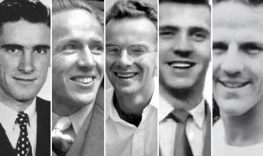 Os missionários Roger Youderian, Nate Saint, Pete Fleming, Ed McCully e Jim Elliot. (Fotos: Wikipedia/findagrave)