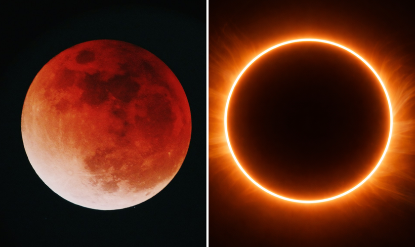 Lua de sangue e anel de fogo (Fotos: Yu Kato / Unsplash / IA)