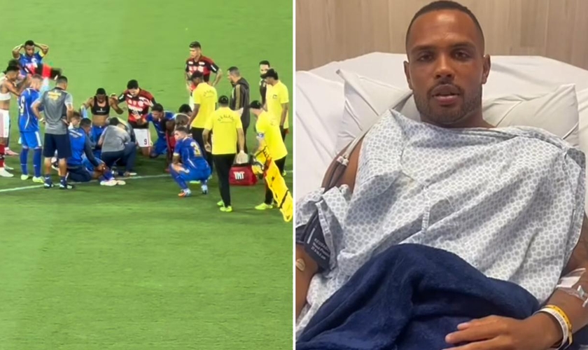 Jogadores do Flamengo e do Sampaio Corrêa oraram por Alexandre Souza. (Foto: Reprodução/Instagram/Isabelle Costa/Alexandre Souza)