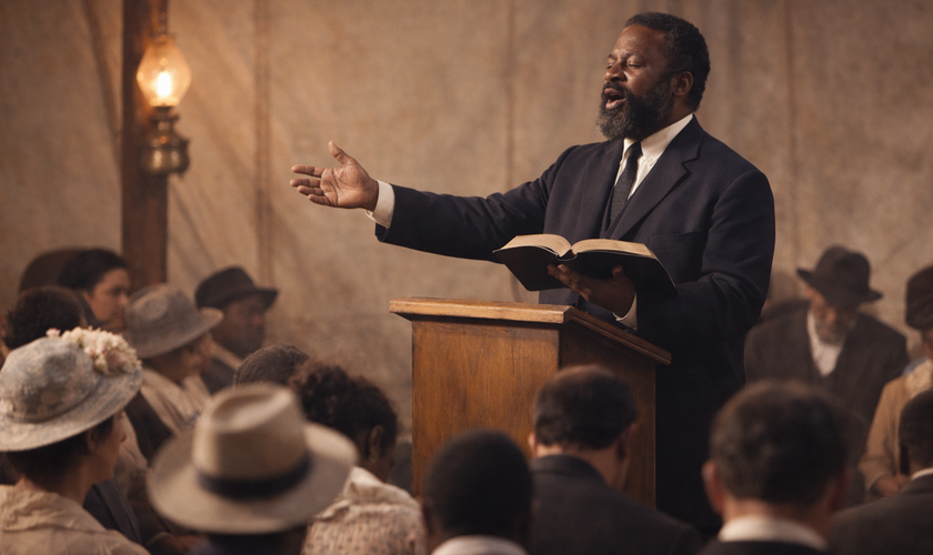 O líder pentecostal William Seymour pregando a mensagem bíblica durante um culto no início do século XX. (Imagem ilustrativa gerada por IA)