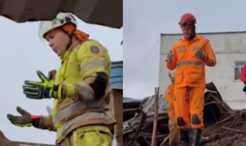 Bombeiros oraram antes de buscas pelas crianças soterradas. (Foto: Reprodução/Instagram/Rádio Itatiaia).