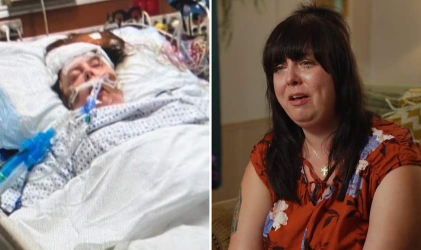 Savannah Muse durante internação hospitalar e, à direita, relatando a experiência espiritual. (Foto: CBN News)